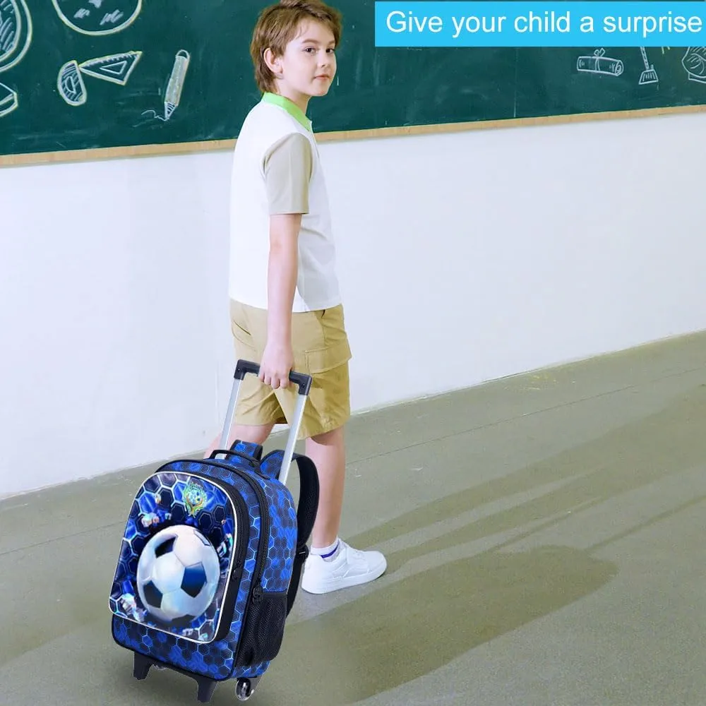 CCJPX 3PCS Soccer Rolling Backpack for Boys, Roller School Bookbag with Lunch Box, Football Water Resistant Wheeled Backpacks for Teens Elementary Travel-Blue