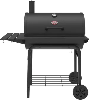 Char-Griller® Pro Deluxe Charcoal Barrel Grill, EasyDump™ Ash Pan, Premium Front and Side Shelves with Utensil Hooks, 850 Square Inches of Cooking Space in Black, Model E2827