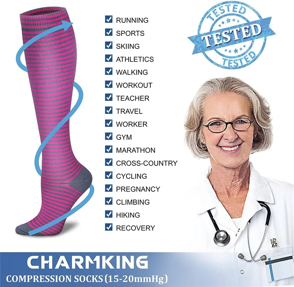 CHARMKING 6 Pairs-Compression Socks for Women & Men Circulation Best Support for Nurses, Running, Athletic,Flight Travel