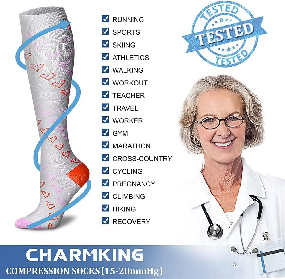 CHARMKING 6 Pairs-Compression Socks for Women & Men Circulation Best Support for Nurses, Running, Athletic,Flight Travel