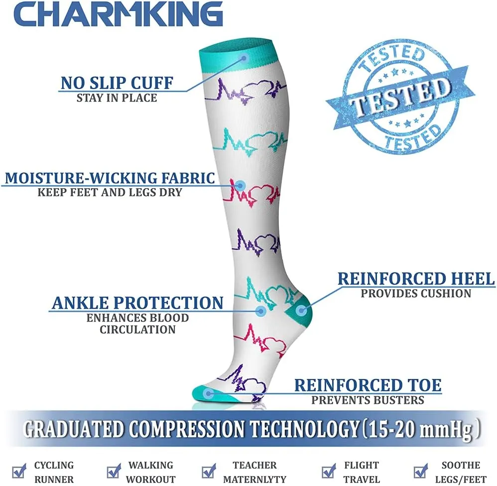 CHARMKING 6 Pairs-Compression Socks for Women & Men Circulation Best Support for Nurses, Running, Athletic,Flight Travel