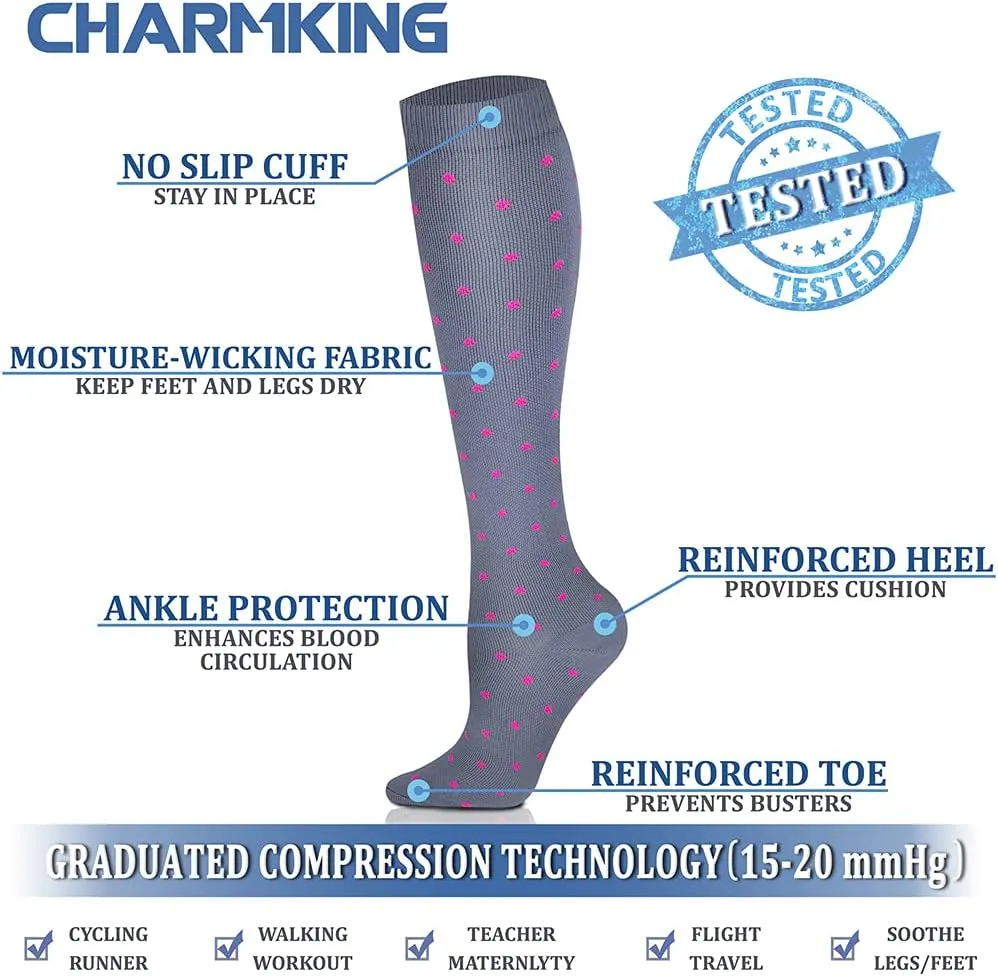 CHARMKING 6 Pairs-Compression Socks for Women & Men Circulation Best Support for Nurses, Running, Athletic,Flight Travel