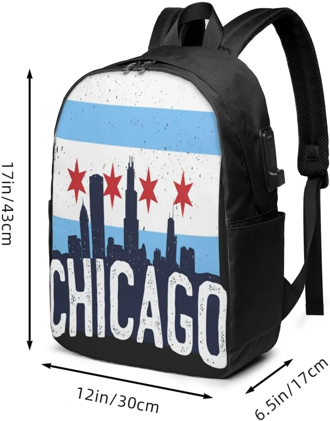 Chicago City Skyline Flag Laptop Backpacks Travel Backpack Casual Business Daypack Sport Rucksack Computer Bag Fits up to 17 Inch Notebook with USB Port