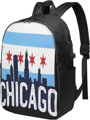 Chicago City Skyline Flag Laptop Backpacks Travel Backpack Casual Business Daypack Sport Rucksack Computer Bag Fits up to 17 Inch Notebook with USB Port