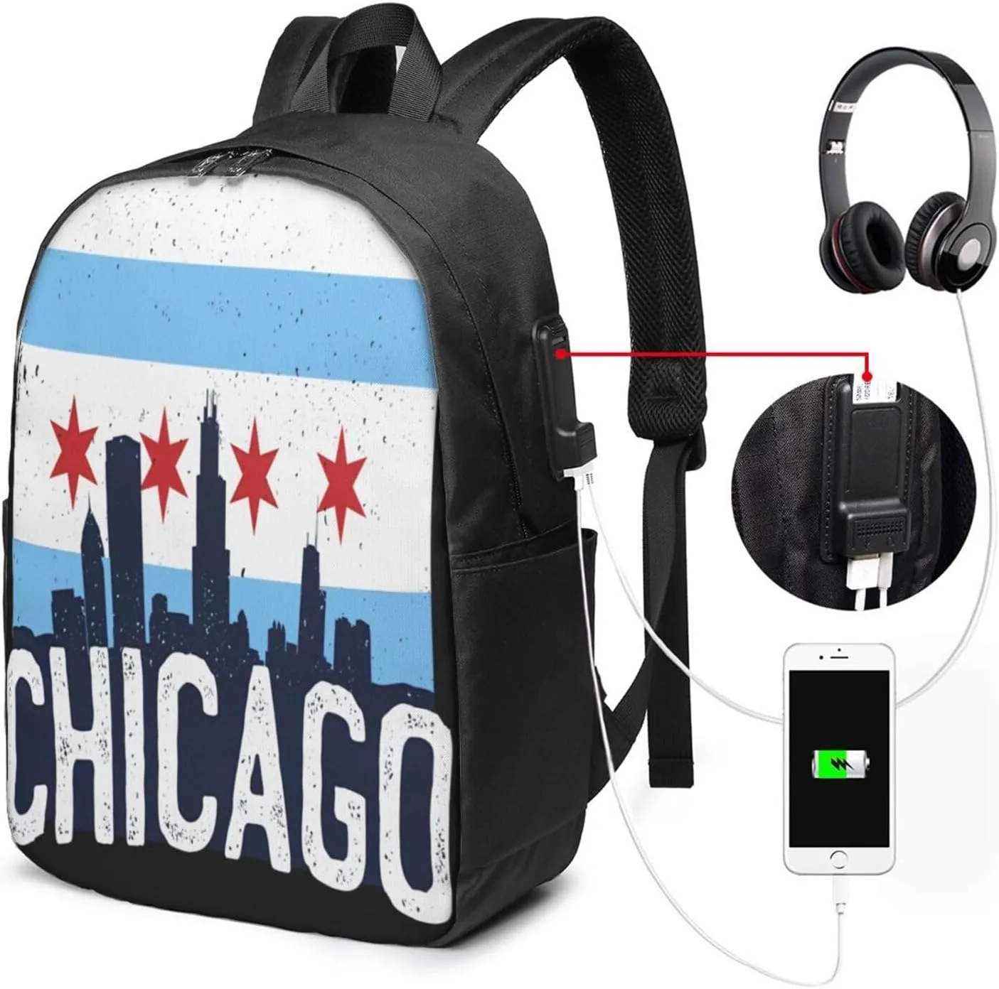 Chicago City Skyline Flag Laptop Backpacks Travel Backpack Casual Business Daypack Sport Rucksack Computer Bag Fits up to 17 Inch Notebook with USB Port