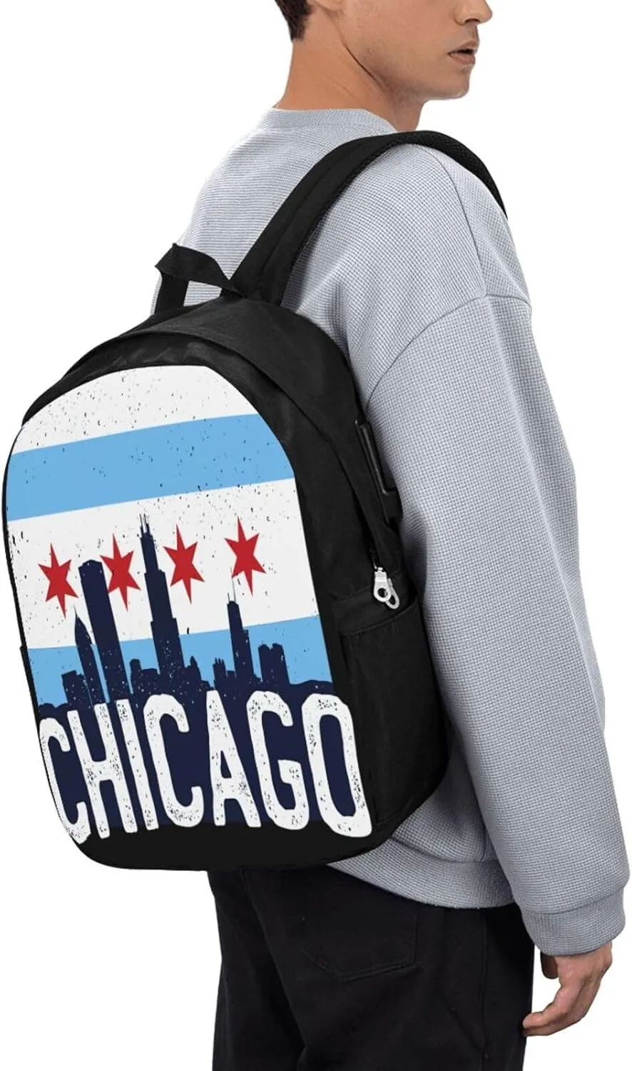 Chicago City Skyline Flag Laptop Backpacks Travel Backpack Casual Business Daypack Sport Rucksack Computer Bag Fits up to 17 Inch Notebook with USB Port