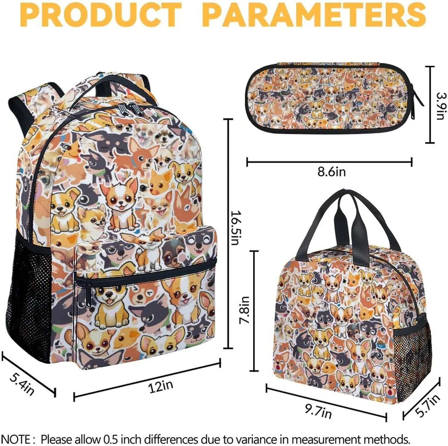 Chihuahua Dog Kids Backpack with Lunch Box, Set of 3 School Backpacks Matching Combo, Cute Yellow Bookbag and Pencil Case Bundle