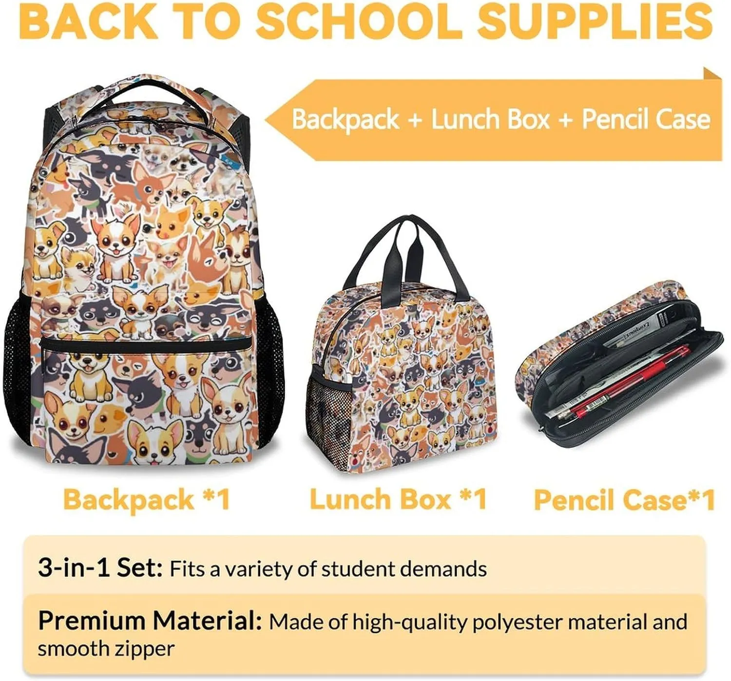 Chihuahua Dog Kids Backpack with Lunch Box, Set of 3 School Backpacks Matching Combo, Cute Yellow Bookbag and Pencil Case Bundle