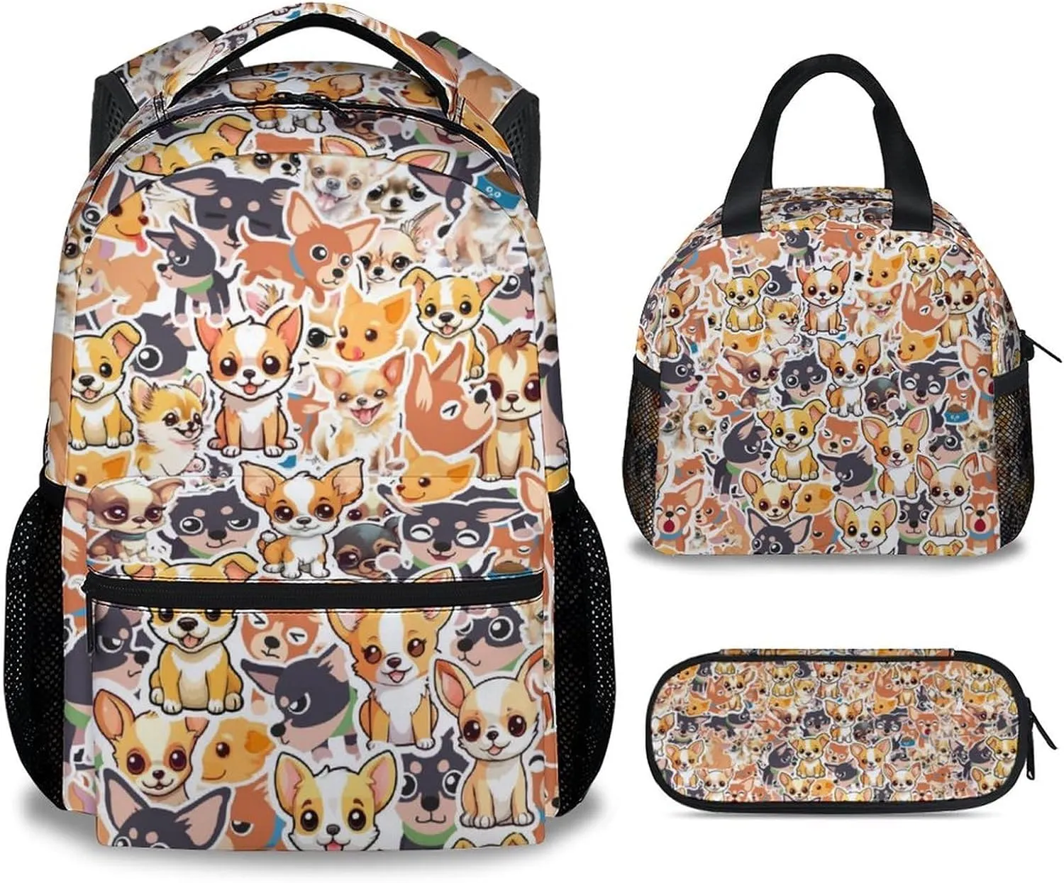 Chihuahua Dog Kids Backpack with Lunch Box, Set of 3 School Backpacks Matching Combo, Cute Yellow Bookbag and Pencil Case Bundle