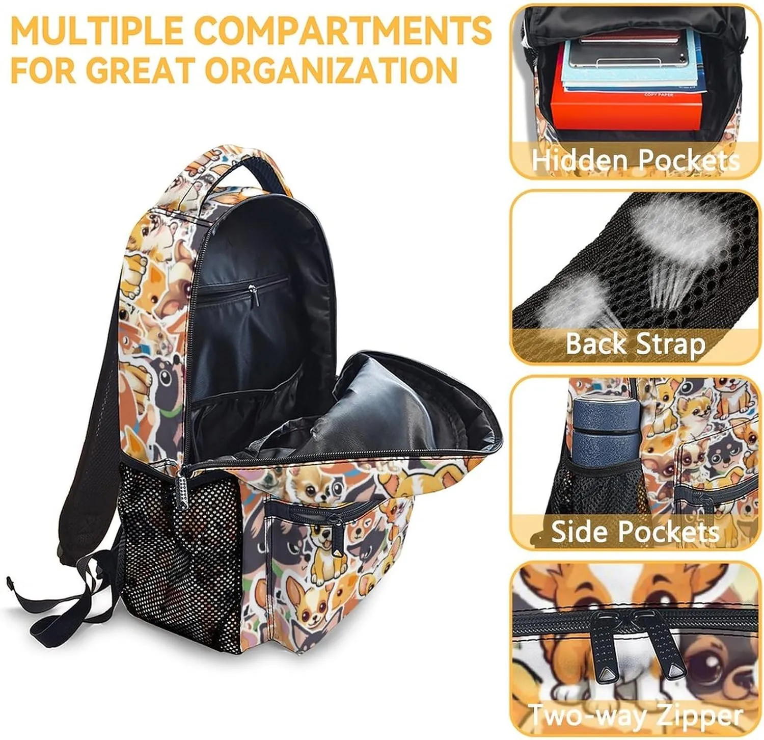 Chihuahua Dog Kids Backpack with Lunch Box, Set of 3 School Backpacks Matching Combo, Cute Yellow Bookbag and Pencil Case Bundle