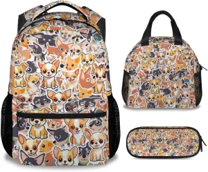 Chihuahua Dog Kids Backpack with Lunch Box, Set of 3 School Backpacks Matching Combo, Cute Yellow Bookbag and Pencil Case Bundle