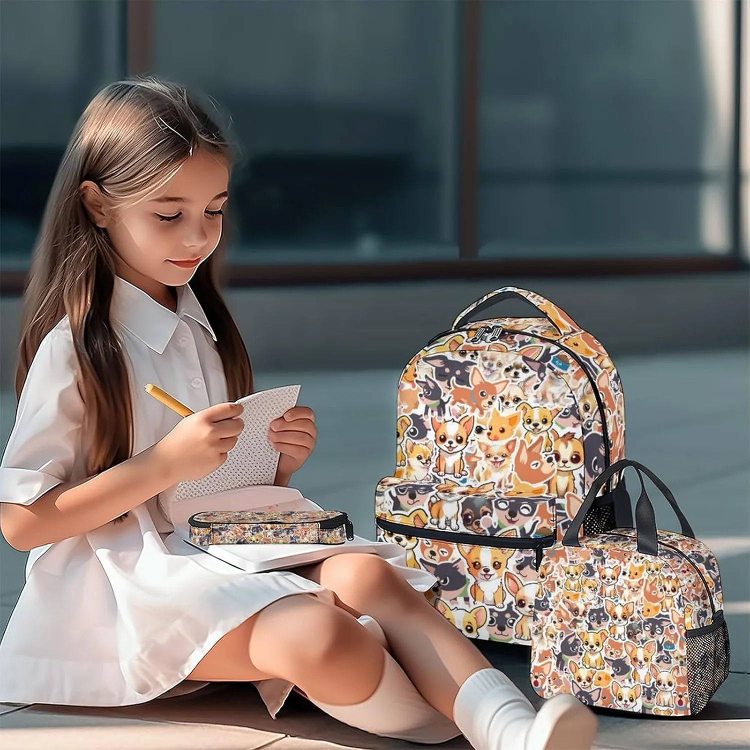 Chihuahua Dog Kids Backpack with Lunch Box, Set of 3 School Backpacks Matching Combo, Cute Yellow Bookbag and Pencil Case Bundle