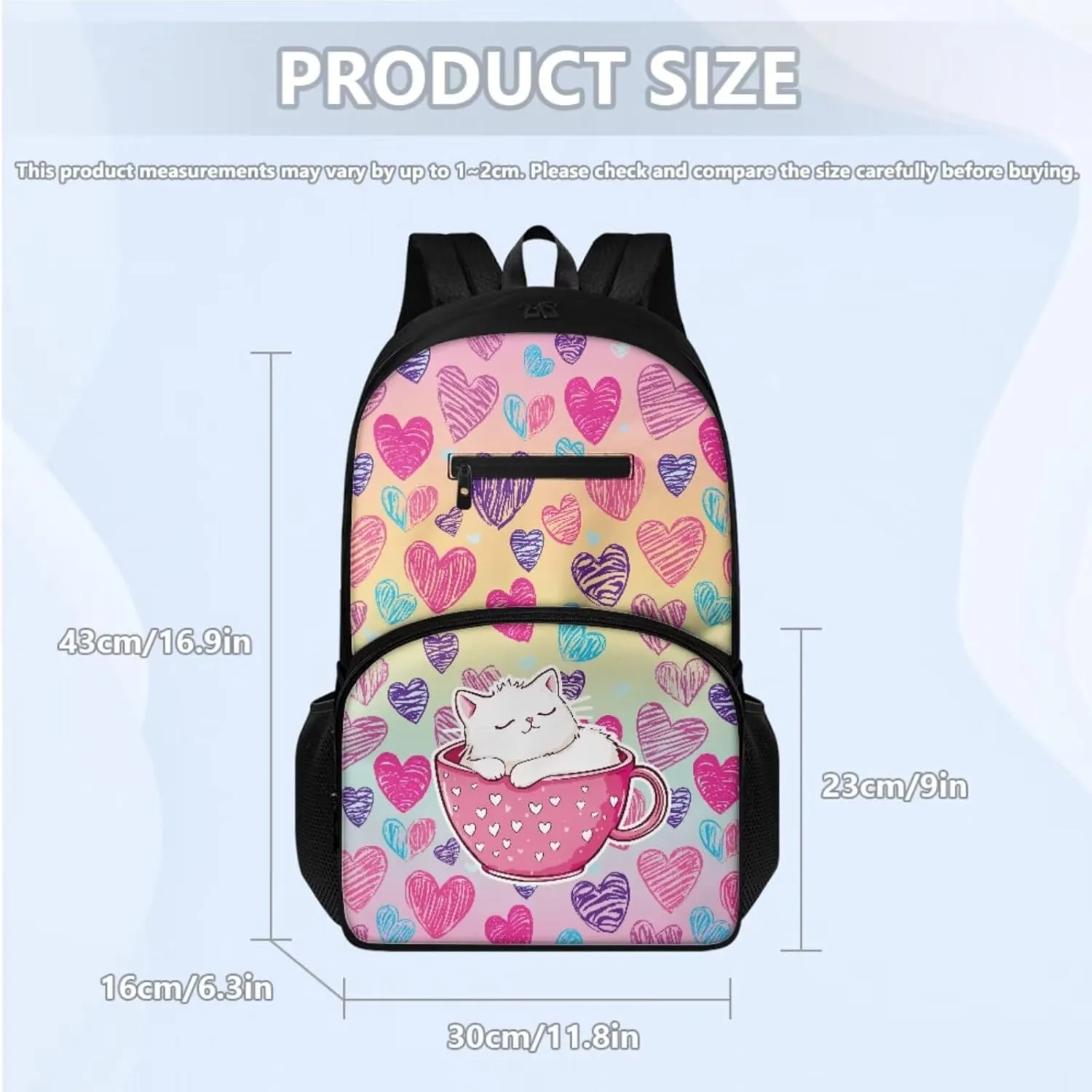 Children's Backpack 3pcs with Lunch Bag & Pencil Pouch, Lightweight 16.9 Inch Kids Backpack, Tote Lunch Box with Shoulder Strap, Ideal for School & Outdoor, Colorful Heart Kitten Print