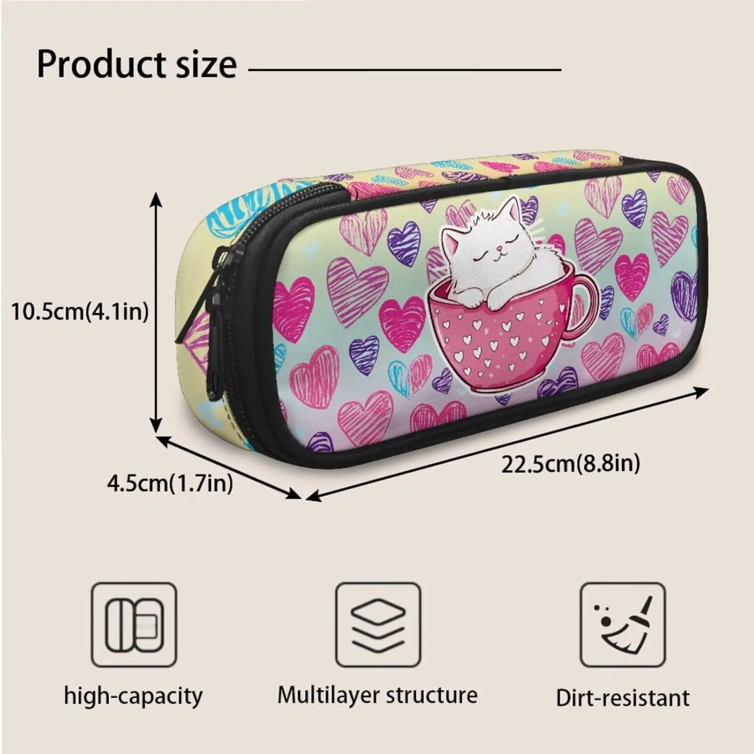 Children's Backpack 3pcs with Lunch Bag & Pencil Pouch, Lightweight 16.9 Inch Kids Backpack, Tote Lunch Box with Shoulder Strap, Ideal for School & Outdoor, Colorful Heart Kitten Print