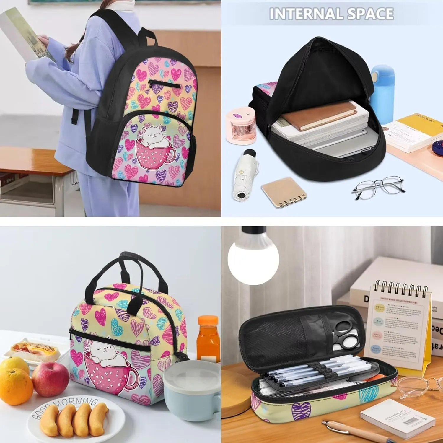 Children's Backpack 3pcs with Lunch Bag & Pencil Pouch, Lightweight 16.9 Inch Kids Backpack, Tote Lunch Box with Shoulder Strap, Ideal for School & Outdoor, Colorful Heart Kitten Print