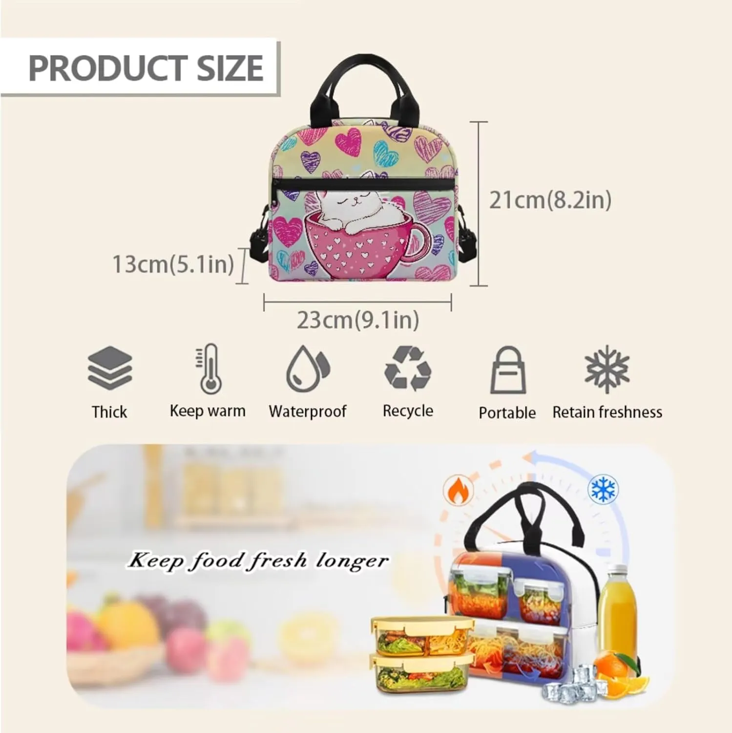 Children's Backpack 3pcs with Lunch Bag & Pencil Pouch, Lightweight 16.9 Inch Kids Backpack, Tote Lunch Box with Shoulder Strap, Ideal for School & Outdoor, Colorful Heart Kitten Print