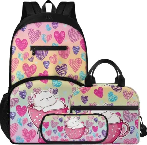 Children's Backpack 3pcs with Lunch Bag & Pencil Pouch, Lightweight 16.9 Inch Kids Backpack, Tote Lunch Box with Shoulder Strap, Ideal for School & Outdoor, Colorful Heart Kitten Print