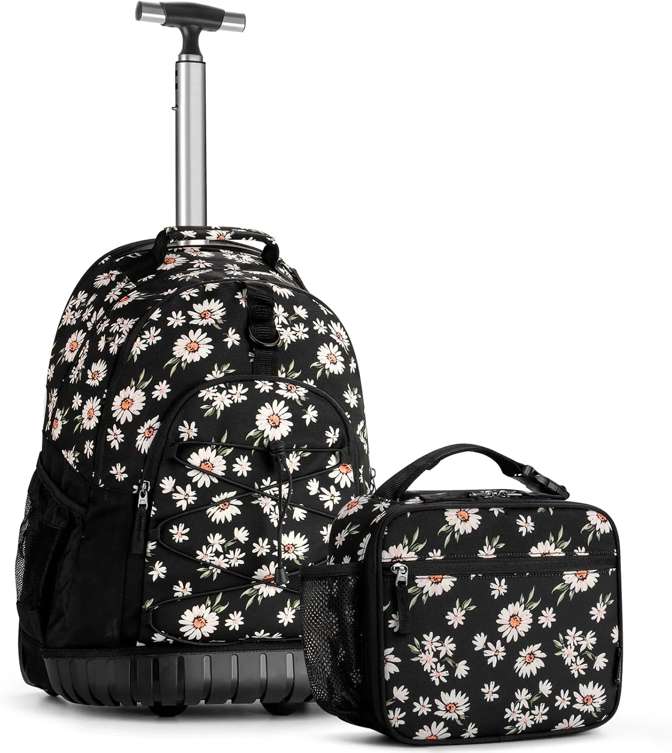 Choco Mocha Rolling Backpack for Girls, 18 Inch Roller Backpack for Middle School Bookbag with Wheels for Teen Girl, Daisy Rolling Backpacks for Girls 8-12 with Lunch Bag Set, Black