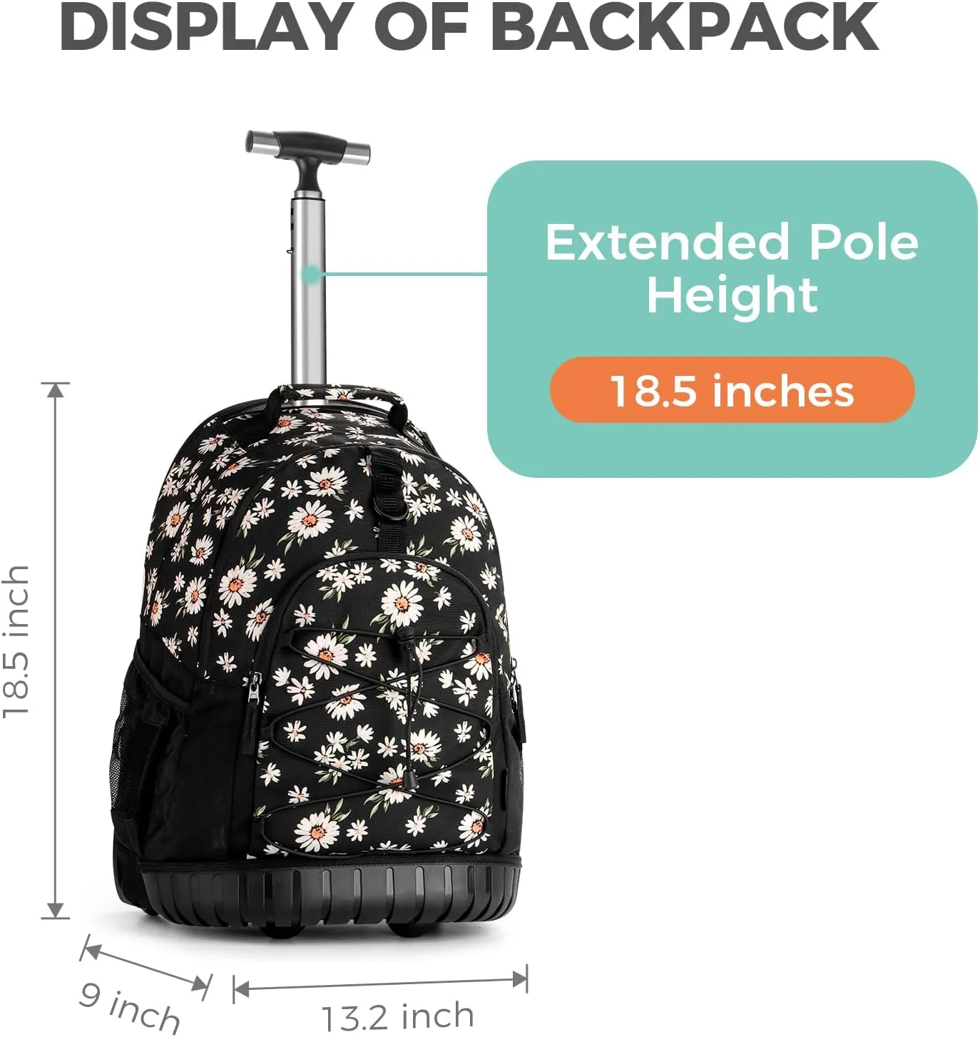 Choco Mocha Rolling Backpack for Girls, 18 Inch Roller Backpack for Middle School Bookbag with Wheels for Teen Girl, Daisy Rolling Backpacks for Girls 8-12 with Lunch Bag Set, Black