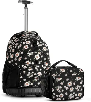 Choco Mocha Rolling Backpack for Girls, 18 Inch Roller Backpack for Middle School Bookbag with Wheels for Teen Girl, Daisy Rolling Backpacks for Girls 8-12 with Lunch Bag Set, Black