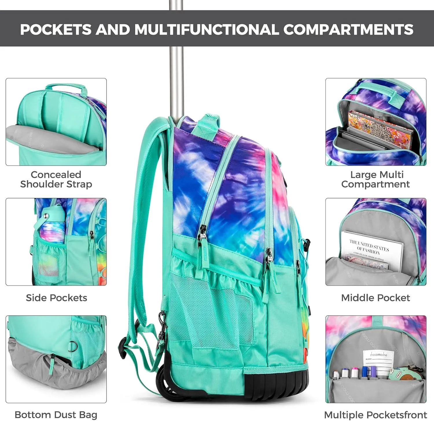 Choco Mocha Rolling Backpack for Girls, 18 Inch Roller Backpack for Middle School Bookbag with Wheels for Teen Girl, Daisy Rolling Backpacks for Girls 8-12 with Lunch Bag Set, Black