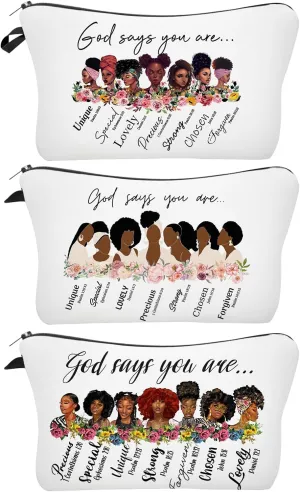 Christian Gifts for Women, 3 Pack African American Makeup Bag for Purse, Afro Black Cosmetic Bags for Women, Inspirational and Funny Gifts, Small Travel Pouches, Bulk Cosmetic Cases