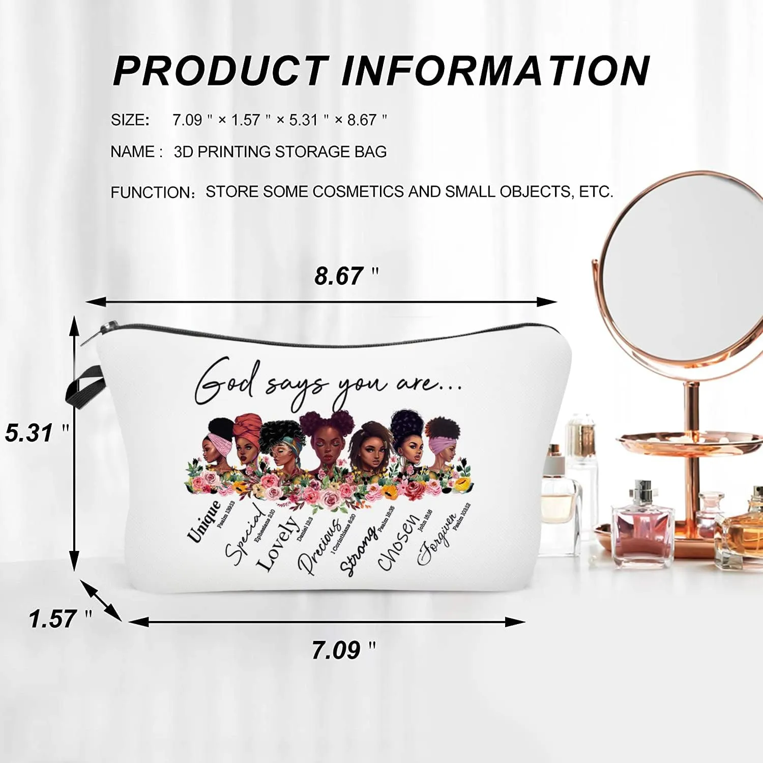 Christian Gifts for Women, 3 Pack African American Makeup Bag for Purse, Afro Black Cosmetic Bags for Women, Inspirational and Funny Gifts, Small Travel Pouches, Bulk Cosmetic Cases