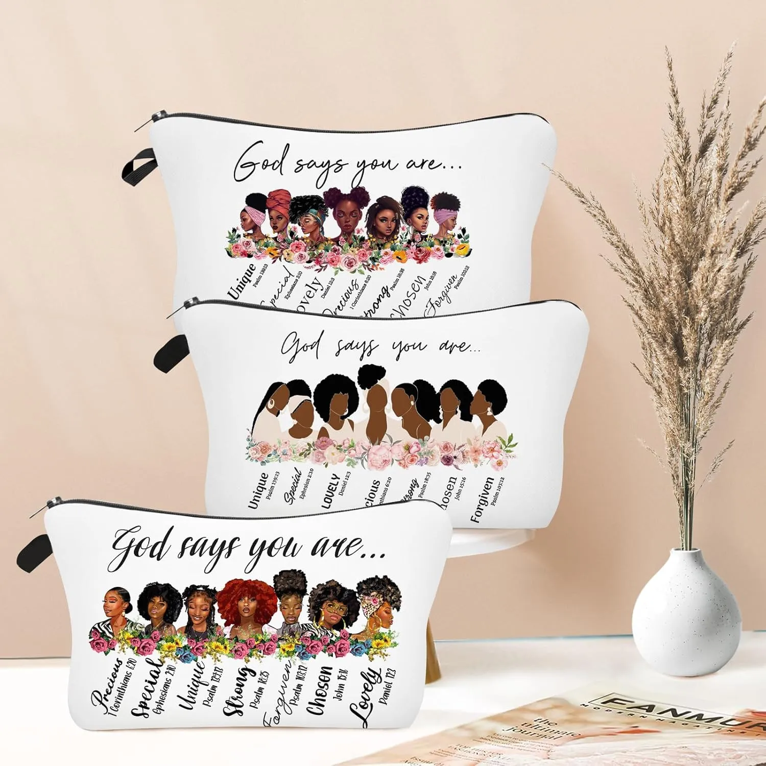 Christian Gifts for Women, 3 Pack African American Makeup Bag for Purse, Afro Black Cosmetic Bags for Women, Inspirational and Funny Gifts, Small Travel Pouches, Bulk Cosmetic Cases