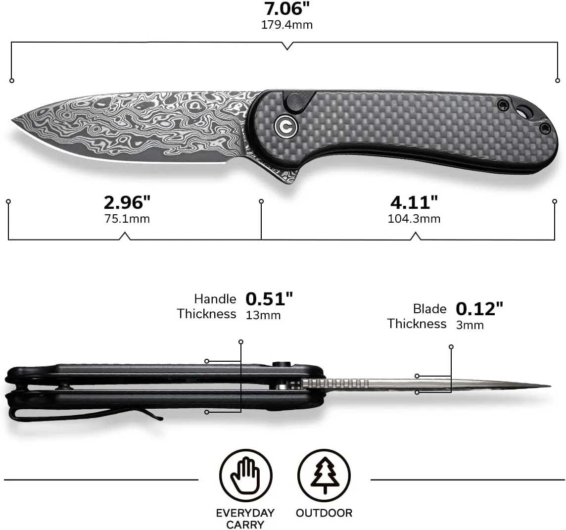 CIVIVI Elementum II Pocket Folding Knife, 2.96" Damascus Blade Utility Knife with Deep Carry Pocket Clip for EDC C18062PB-DS1