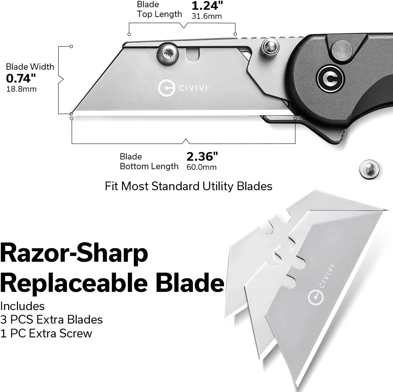 CIVIVI Folding Utility Knife Box Cutter, Elementum Utility Pocket Edc Knife with 3Pcs Extra Razor Blades, Three Ways to Open, Ideal Gifts for Men Women C23039B-4