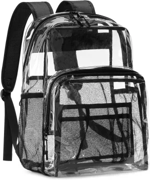 Clear Backpack Heavy Duty, 17 Inch Large TPU Clear Bookbag for Boys Girls Adult, See Through Book Bag Transparent Backpacks with Multiple Pockets for School College Work Casual Sport, Black