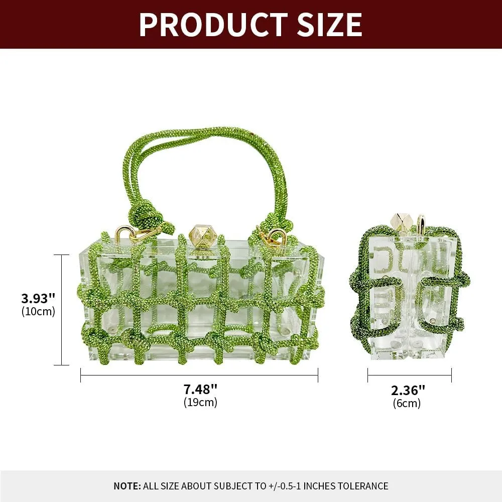 Clear Clutch Acrylic Green Purses for Women, Rhinestones Handbags with Glitter Rope, Club Party Banquet
