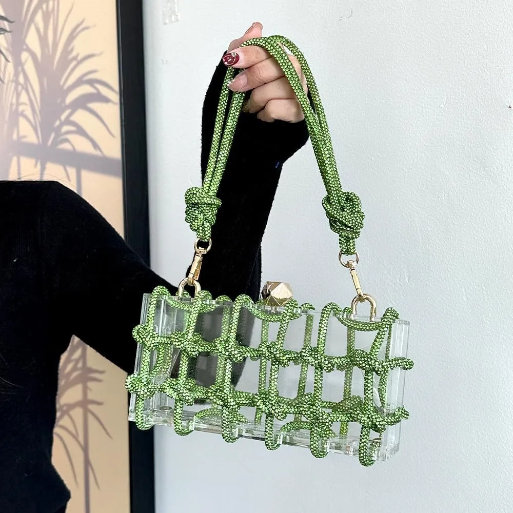 Clear Clutch Acrylic Green Purses for Women, Rhinestones Handbags with Glitter Rope, Club Party Banquet
