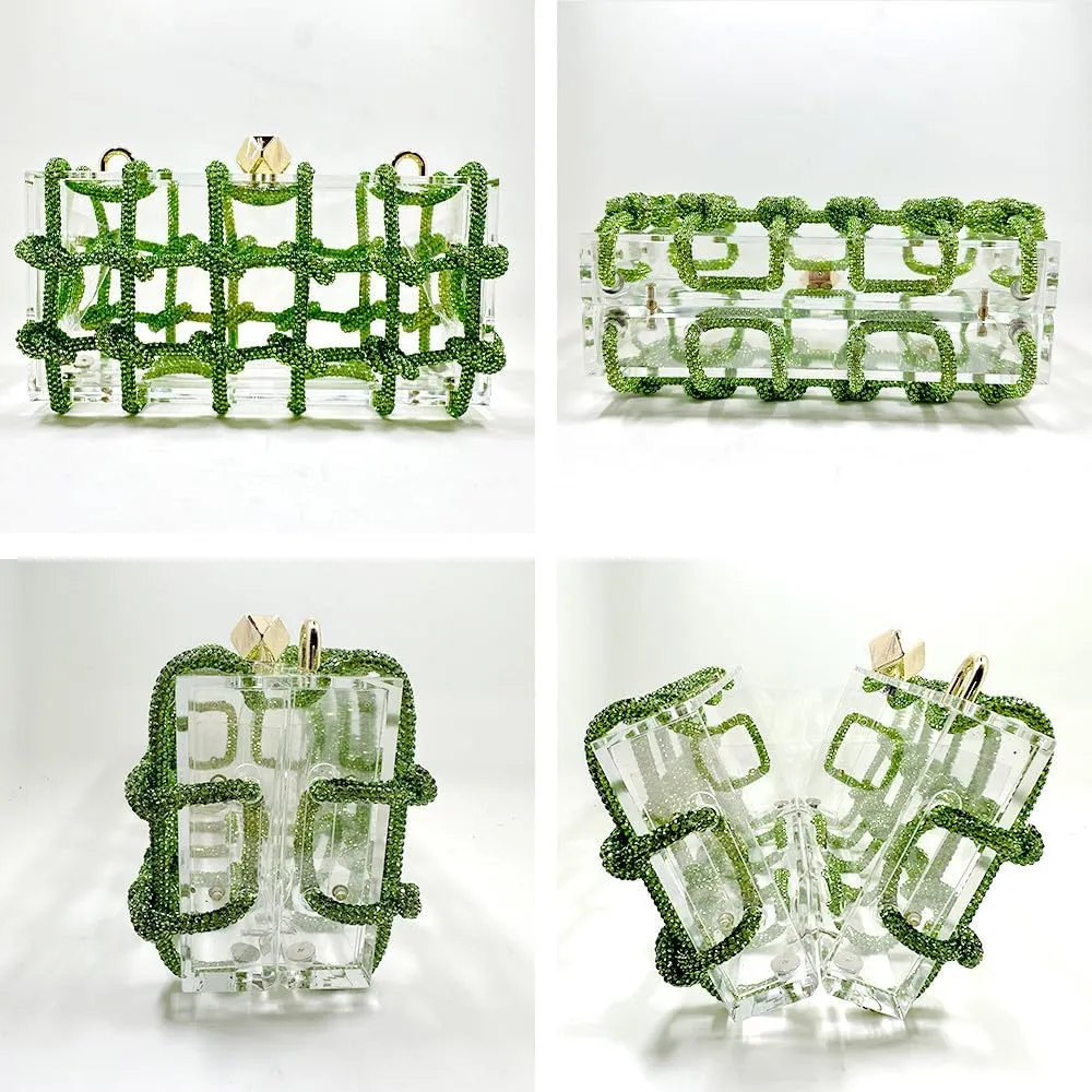 Clear Clutch Acrylic Green Purses for Women, Rhinestones Handbags with Glitter Rope, Club Party Banquet