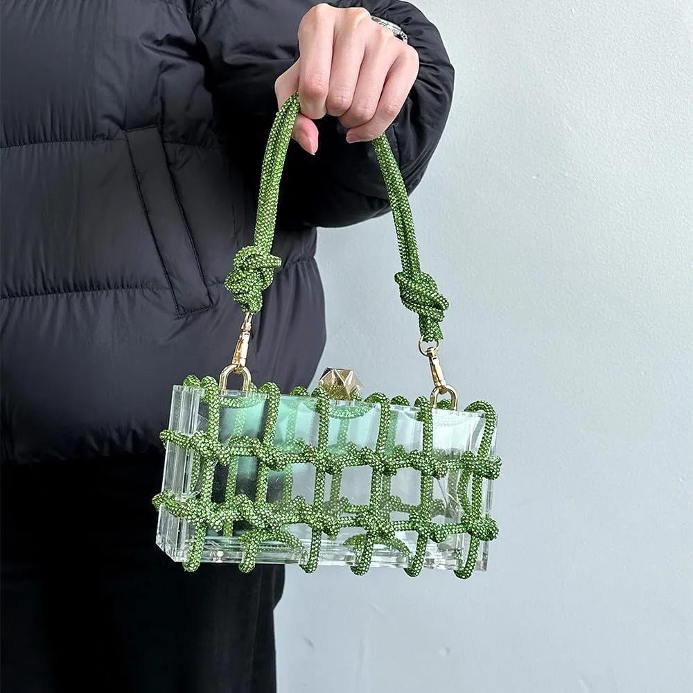 Clear Clutch Acrylic Green Purses for Women, Rhinestones Handbags with Glitter Rope, Club Party Banquet