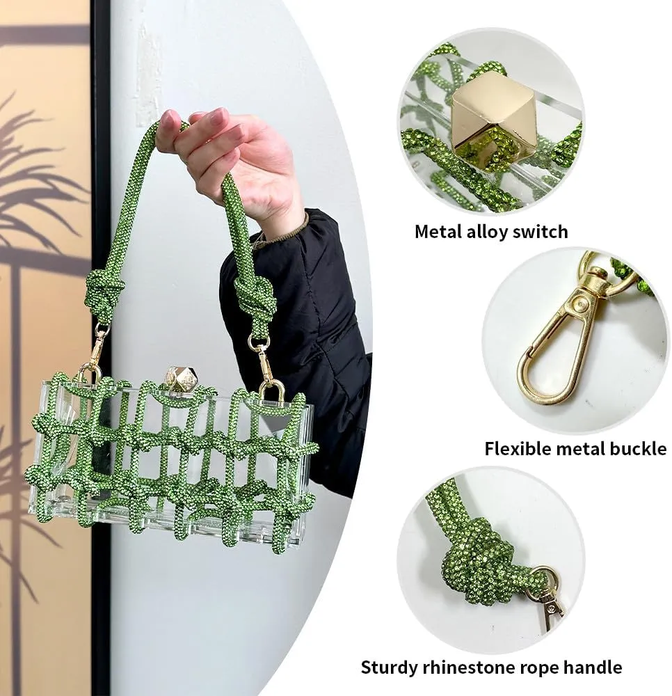 Clear Clutch Acrylic Green Purses for Women, Rhinestones Handbags with Glitter Rope, Club Party Banquet