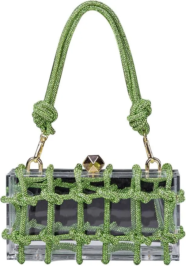 Clear Clutch Acrylic Green Purses for Women, Rhinestones Handbags with Glitter Rope, Club Party Banquet