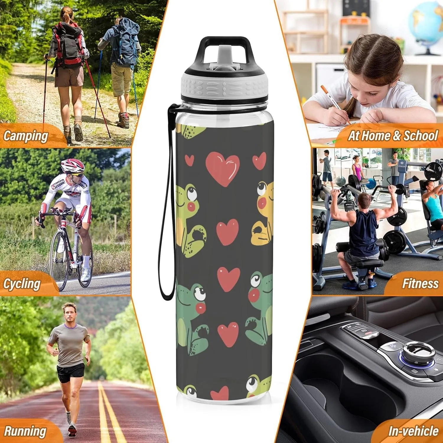 Clear Tritan Sports Water Bottle with Straw for Adults Kids Leakproof 32oz Bpa Free Plastic Water Bottle for Bike Gym School Travel Black Frog Hearts