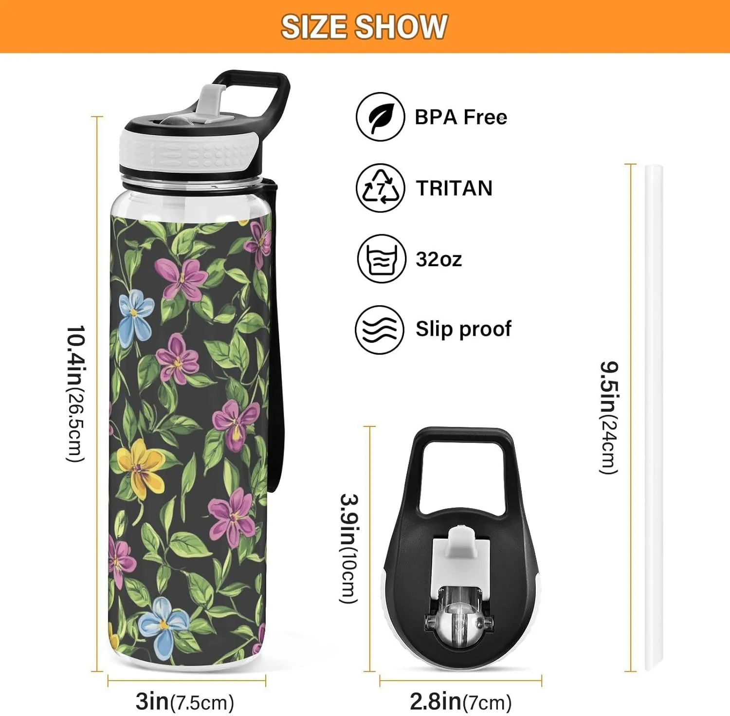 Clear Tritan Sports Water Bottle with Straw for Adults Kids Leakproof 32oz Bpa Free Plastic Water Bottle for Bike Gym School Travel Black Orchids