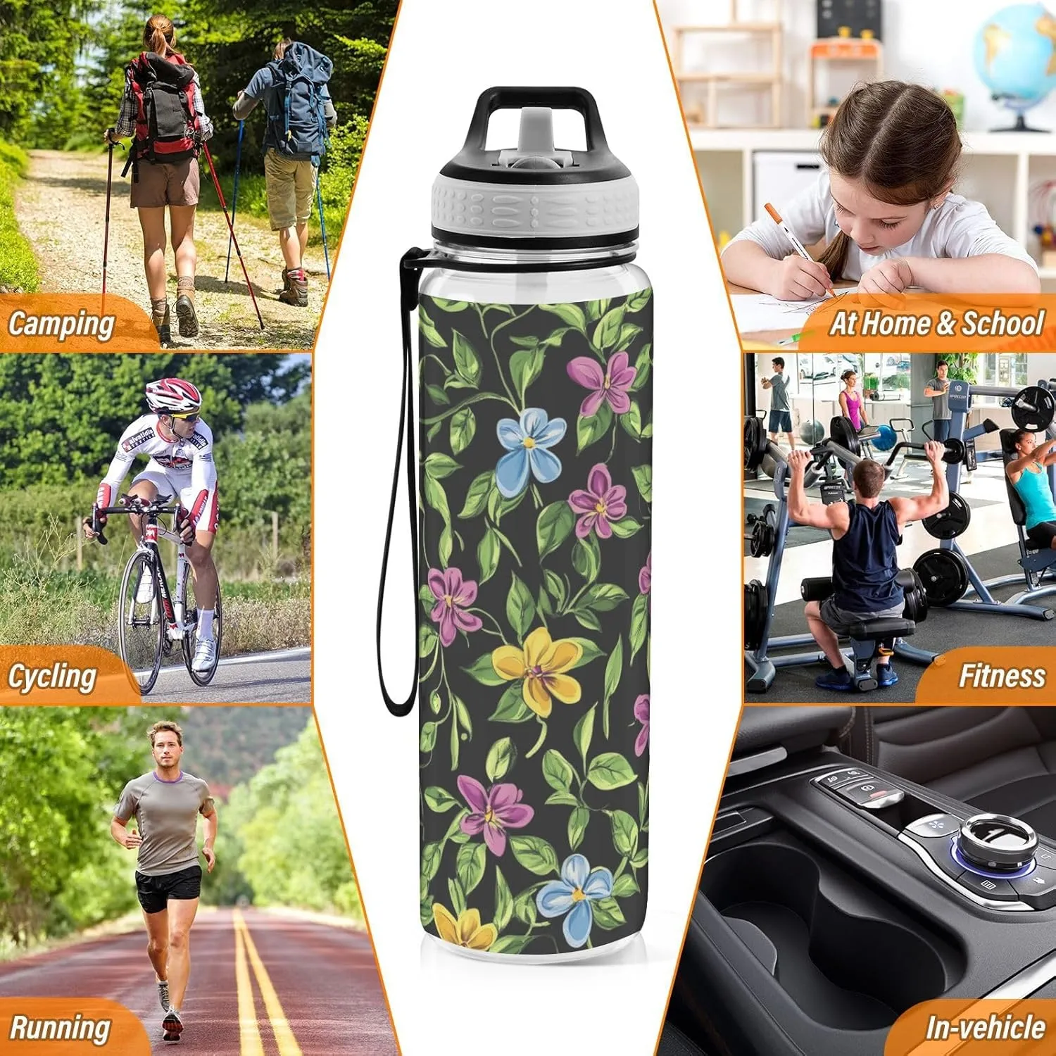 Clear Tritan Sports Water Bottle with Straw for Adults Kids Leakproof 32oz Bpa Free Plastic Water Bottle for Bike Gym School Travel Black Orchids