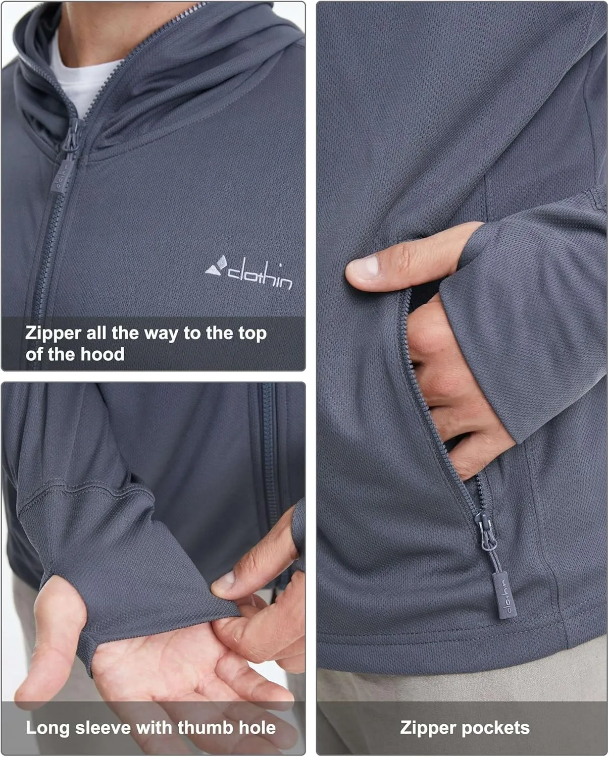 clothin Mens Lightweight Full Zip Hood Running Jacket with Zip Pockets for Fishing Hiking Travel
