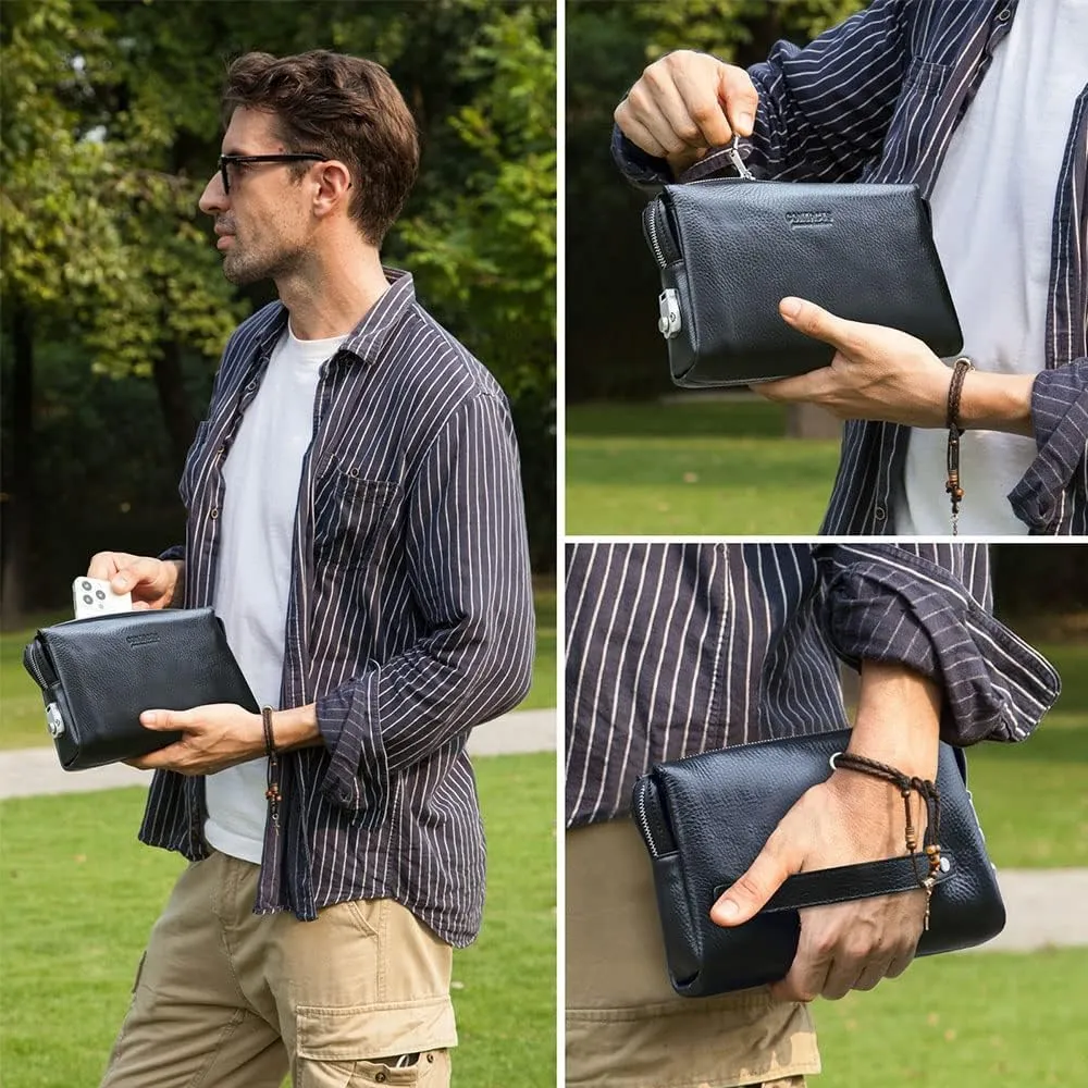 Clutch Purse Bag Leather for Men Anti Theft Wristlet Handbag Wallet Multiple Compartments Card Phone Holder Travel Bag