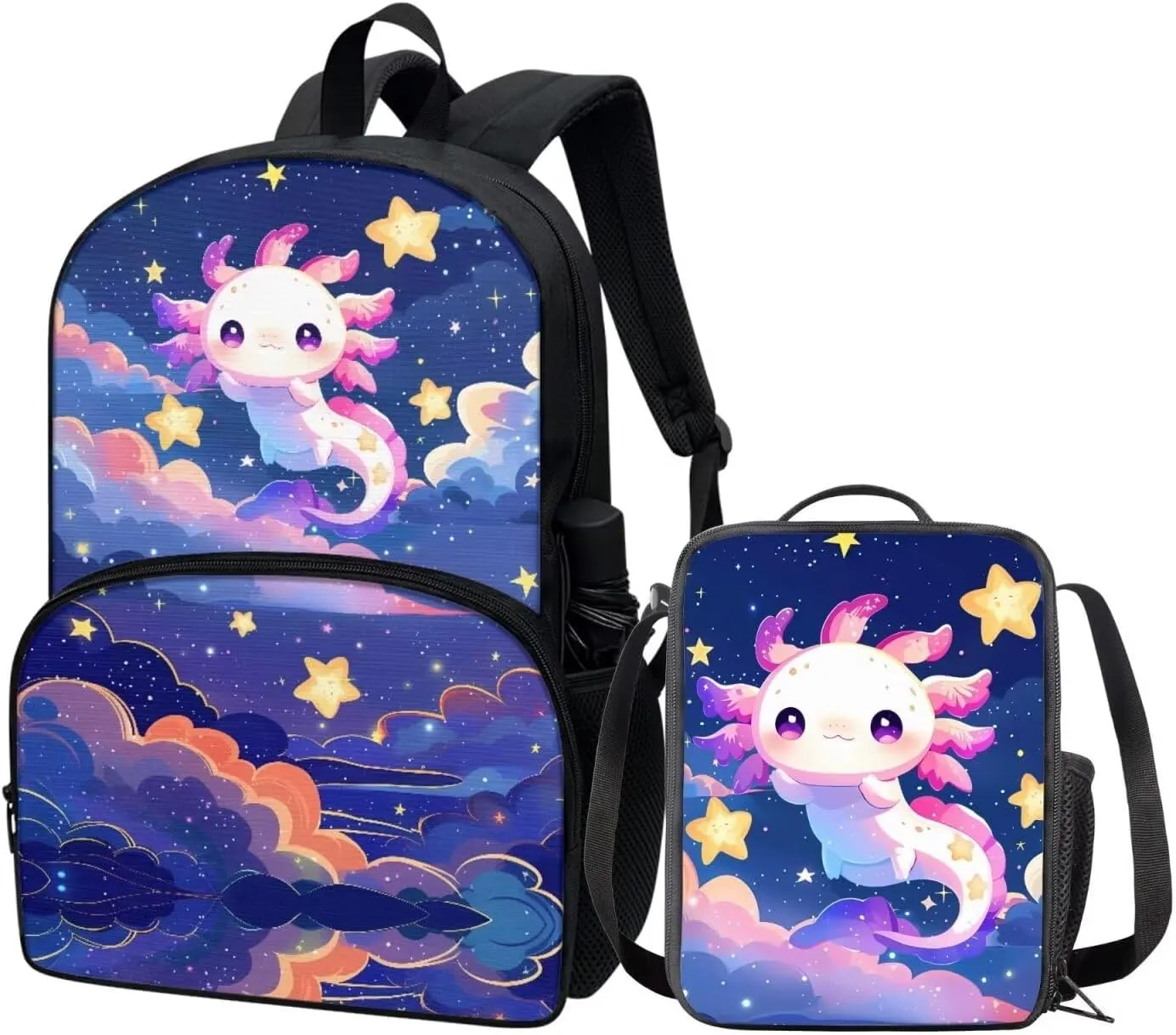 COEQINE 2 Pieces Axolotl Backpack,Middle School Backpack And Lunch Bag For Teen Girls 8-10 Age Space Stars Cute Animal Book Bag With Strap Lunch Bag Adjustable School Bag Adjustable