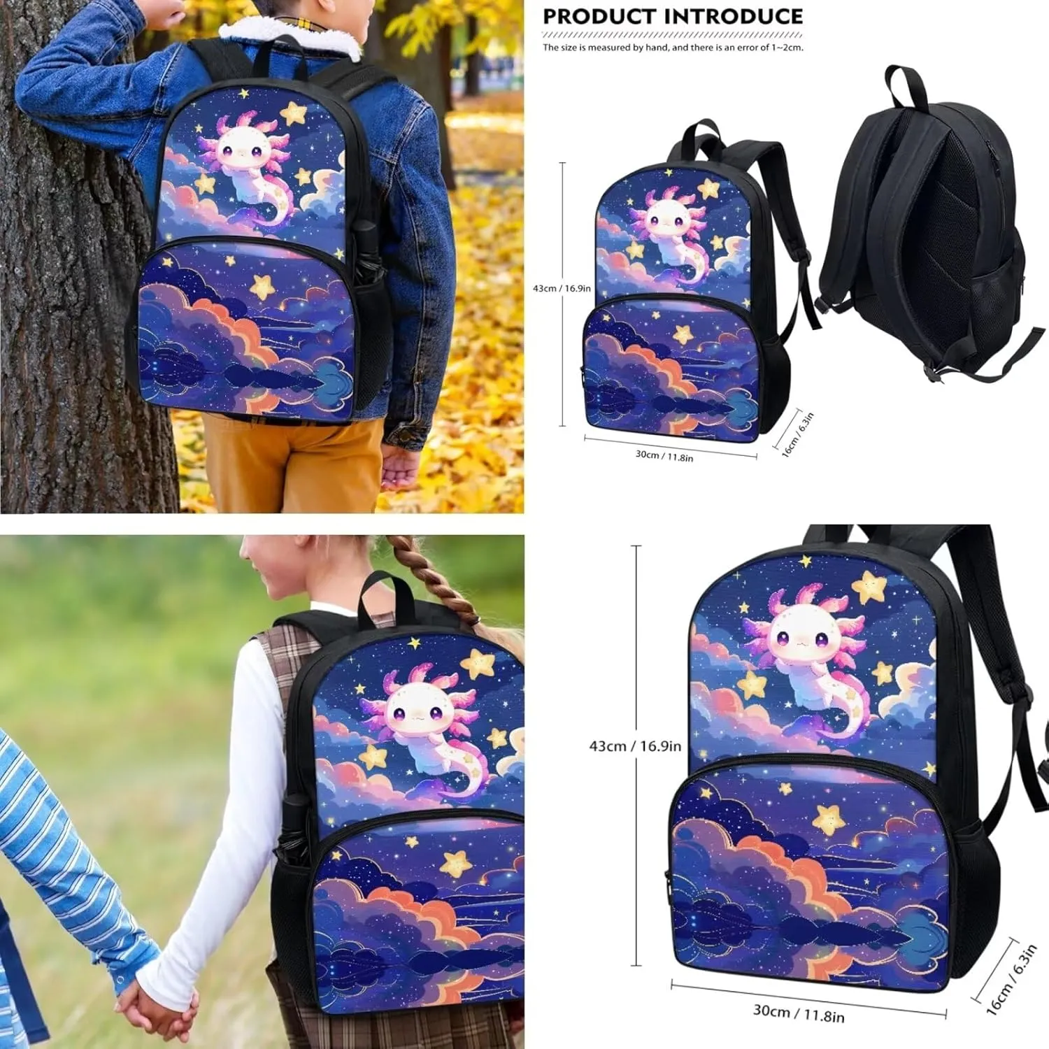 COEQINE 2 Pieces Axolotl Backpack,Middle School Backpack And Lunch Bag For Teen Girls 8-10 Age Space Stars Cute Animal Book Bag With Strap Lunch Bag Adjustable School Bag Adjustable