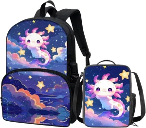 COEQINE 2 Pieces Axolotl Backpack,Middle School Backpack And Lunch Bag For Teen Girls 8-10 Age Space Stars Cute Animal Book Bag With Strap Lunch Bag Adjustable School Bag Adjustable