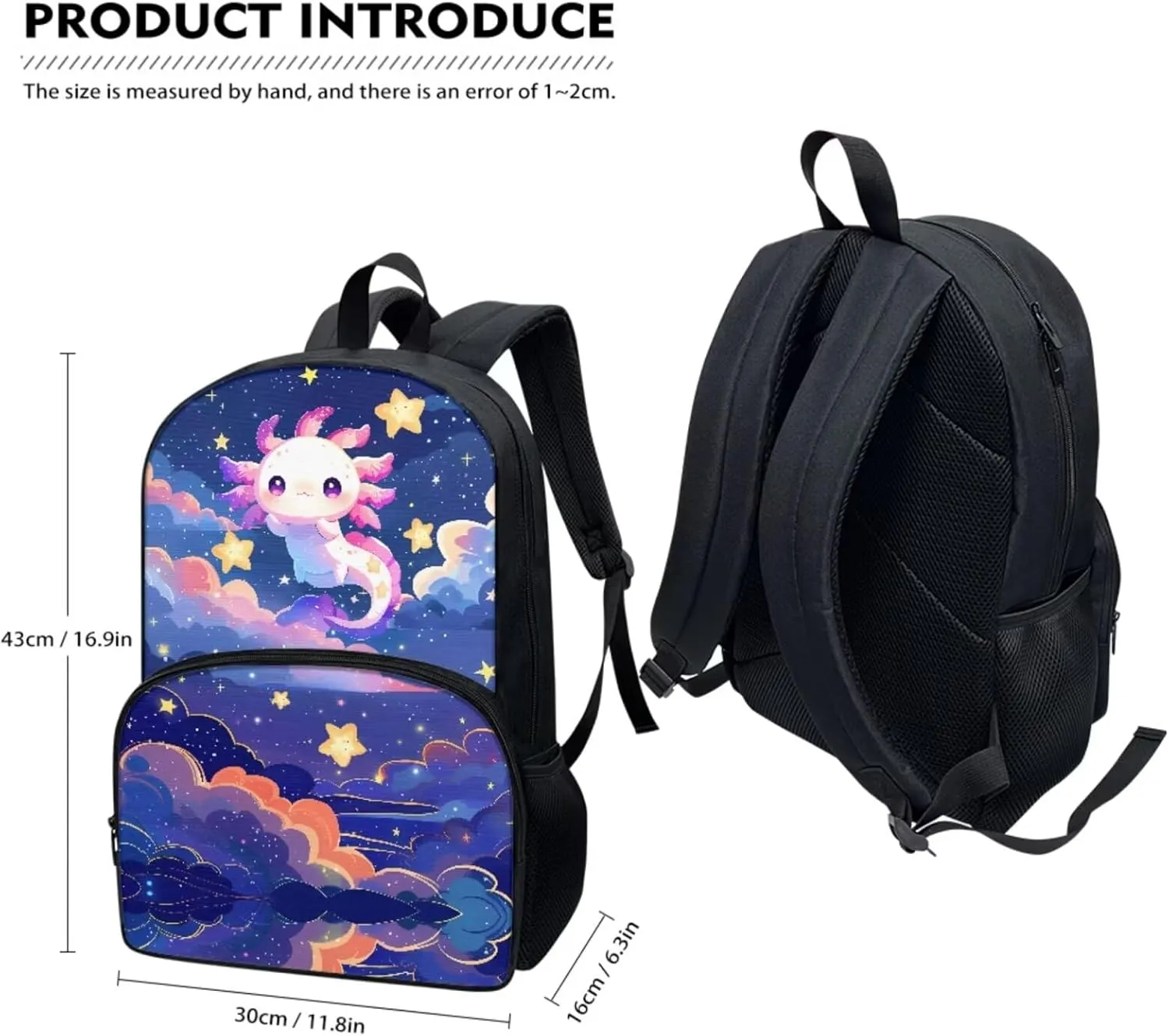 COEQINE 2 Pieces Axolotl Backpack,Middle School Backpack And Lunch Bag For Teen Girls 8-10 Age Space Stars Cute Animal Book Bag With Strap Lunch Bag Adjustable School Bag Adjustable