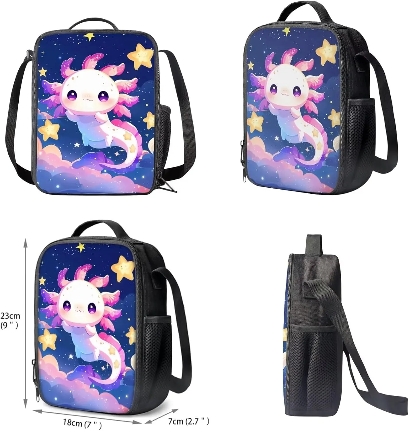 COEQINE 2 Pieces Axolotl Backpack,Middle School Backpack And Lunch Bag For Teen Girls 8-10 Age Space Stars Cute Animal Book Bag With Strap Lunch Bag Adjustable School Bag Adjustable