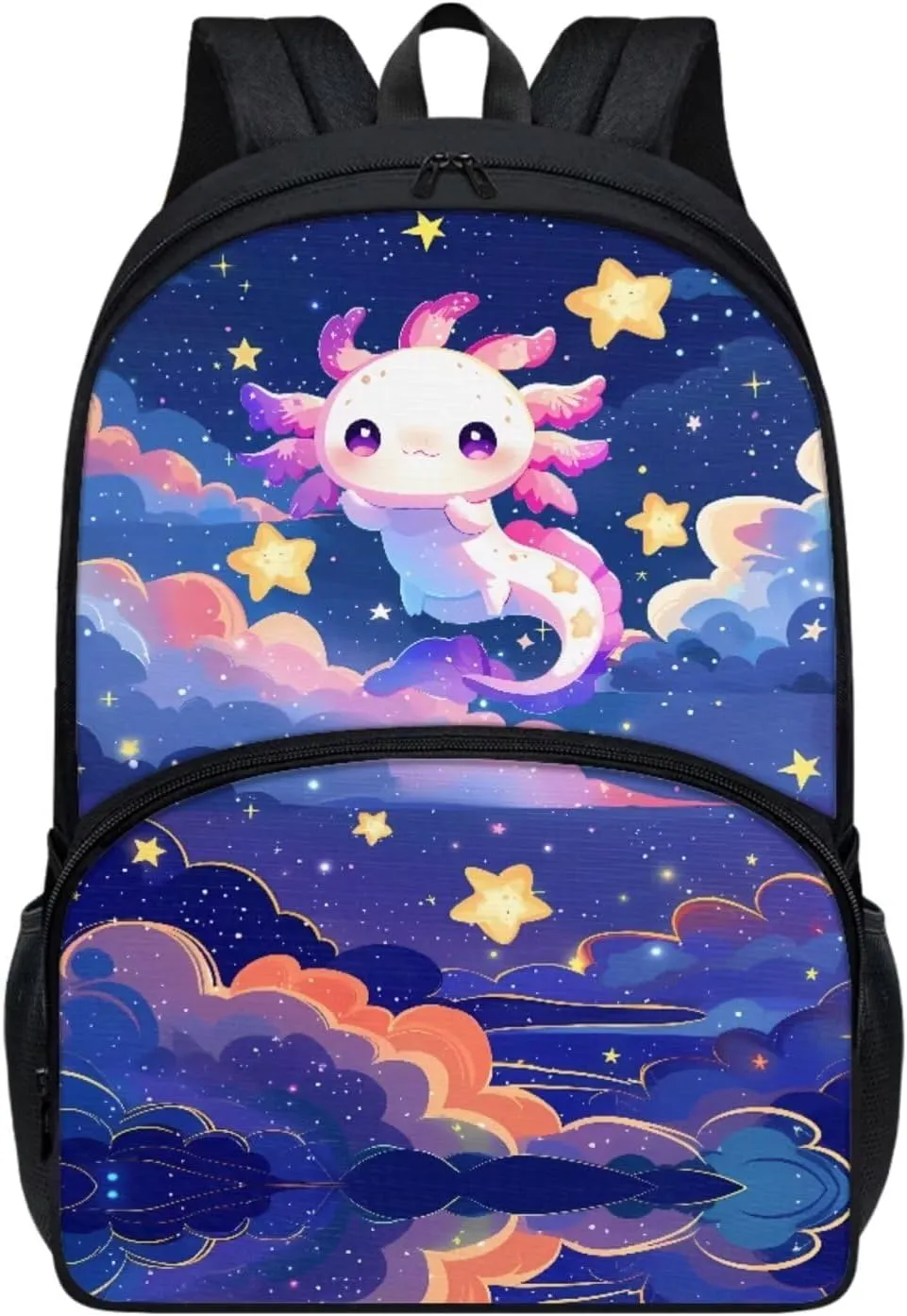 COEQINE 2 Pieces Axolotl Backpack,Middle School Backpack And Lunch Bag For Teen Girls 8-10 Age Space Stars Cute Animal Book Bag With Strap Lunch Bag Adjustable School Bag Adjustable