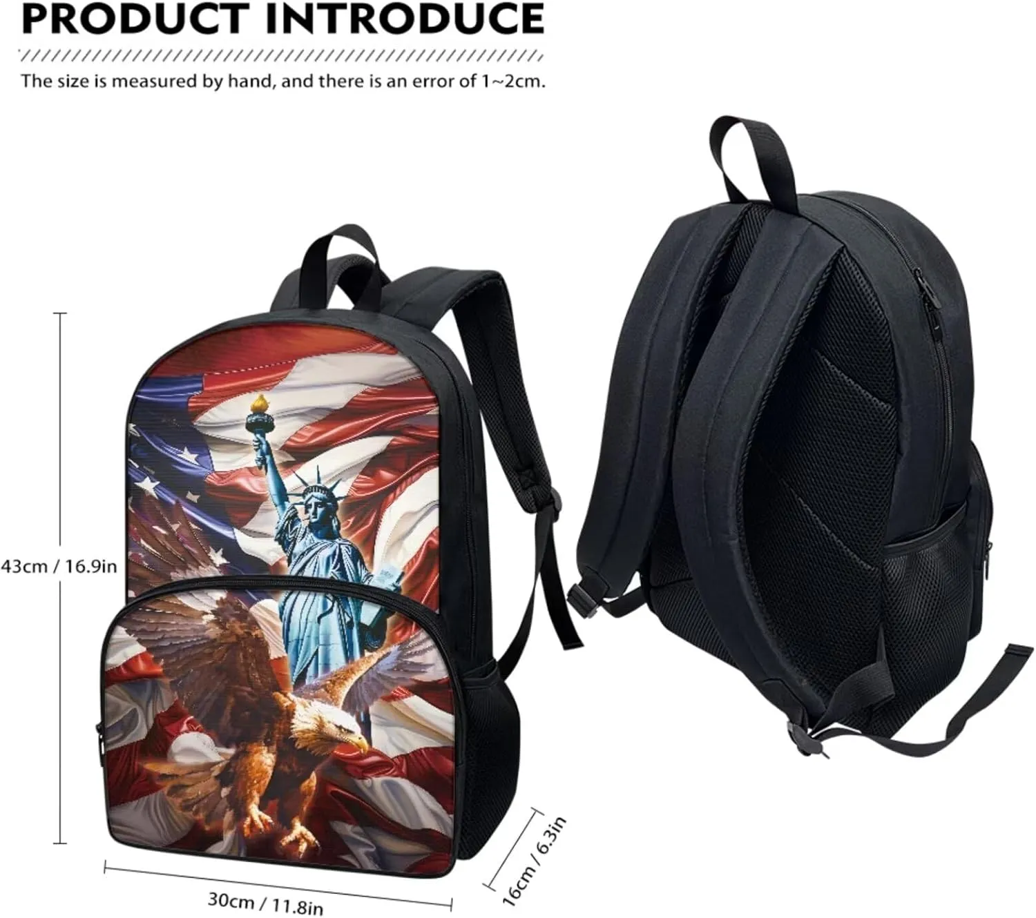 COEQINE Kids School Backpack Set With Lunch Bag Middle High School Bookbag For Boys American Flag Cool Animal Statue of Liberty Pattern Bookbag With Lunch Box Strap Insulation 2 Pieces