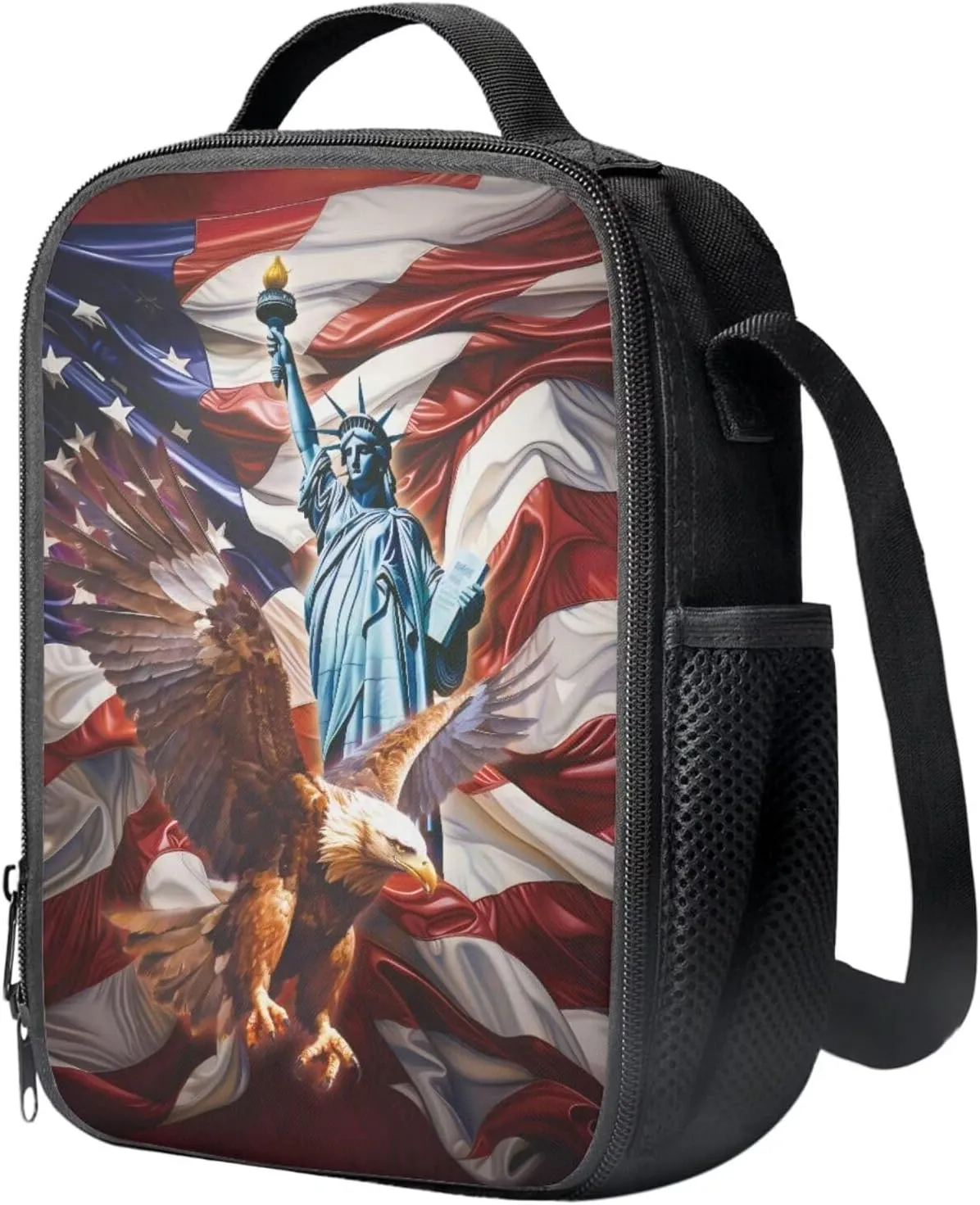 COEQINE Kids School Backpack Set With Lunch Bag Middle High School Bookbag For Boys American Flag Cool Animal Statue of Liberty Pattern Bookbag With Lunch Box Strap Insulation 2 Pieces